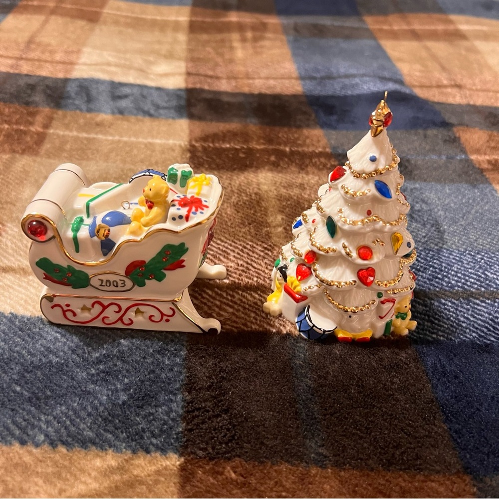 Festive 2003 Christmas Sleigh and Tree ornaments